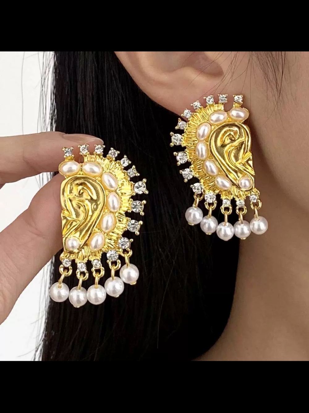 Gold Pearl Drop Statement Earrings for Women